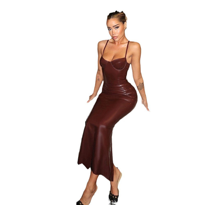 Damen figurbetontes Midikleid aus hochwertigem Kunstleder mit tiefem Ausschnitt und Spaghettiträgern Drune