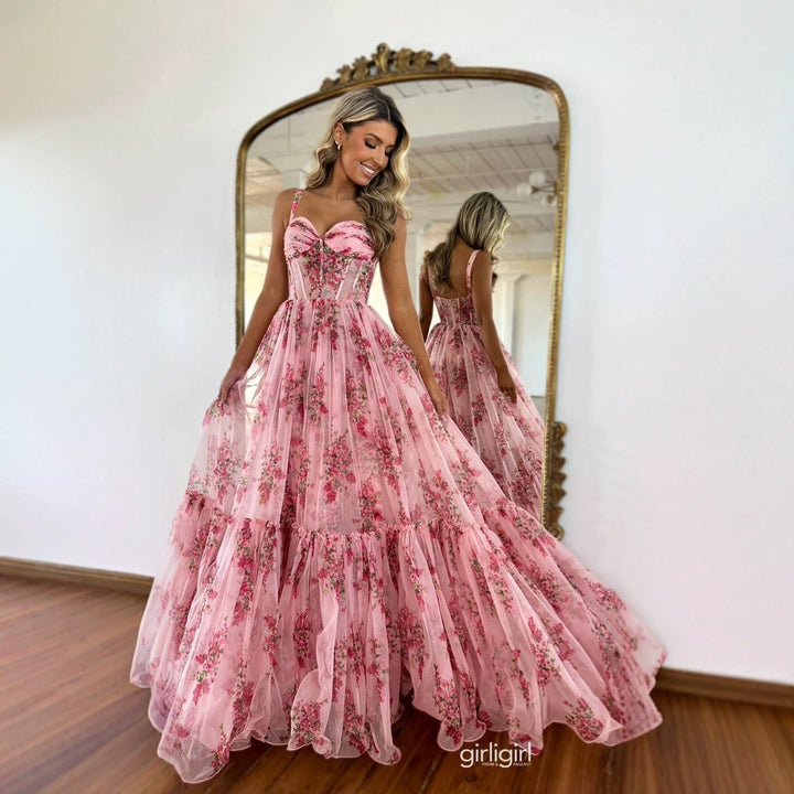 Damen Maxikleid mit floralem Tüll und voluminösem Rock Drune