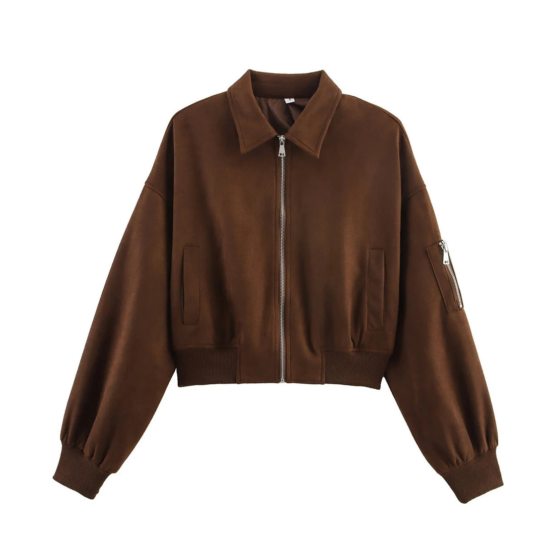 Damen nan cropped Bomberjacke im Velours-Look mit Reißverschluss, Ärmel-Taschen und geripptem Saum Drune