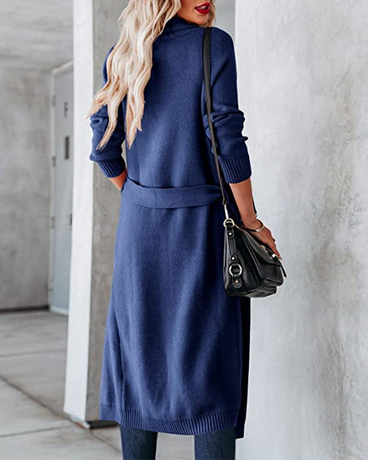Damen Strickmantel mit Bindegürtel und großen Taschen Drune