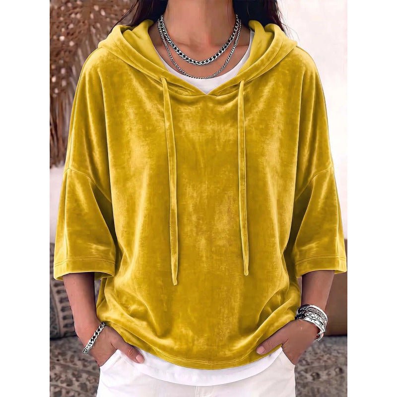 Damen Oversize Samt-Halbarm-Hoodie mit Kordelzug und Taschen Drune