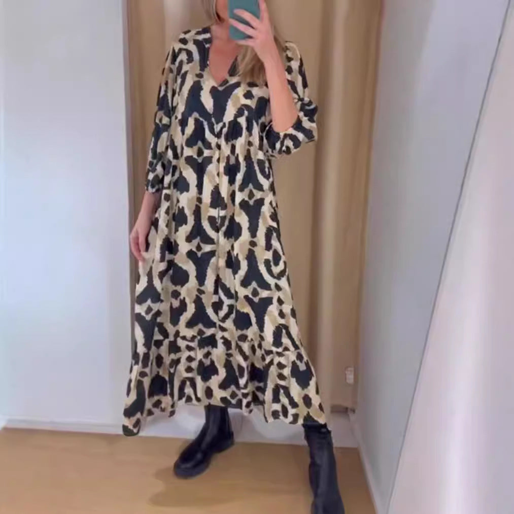 Damen nan weites Stufenmaxikleid mit V-Ausschnitt geraffter Brustpasse und Dreiviertelärmeln Drune