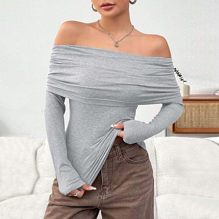 Damen eng anliegendes Off-Shoulder Rippstrick-Longsleeve mit gerafftem Wasserfall-Ausschnitt und Daumenloch Drune