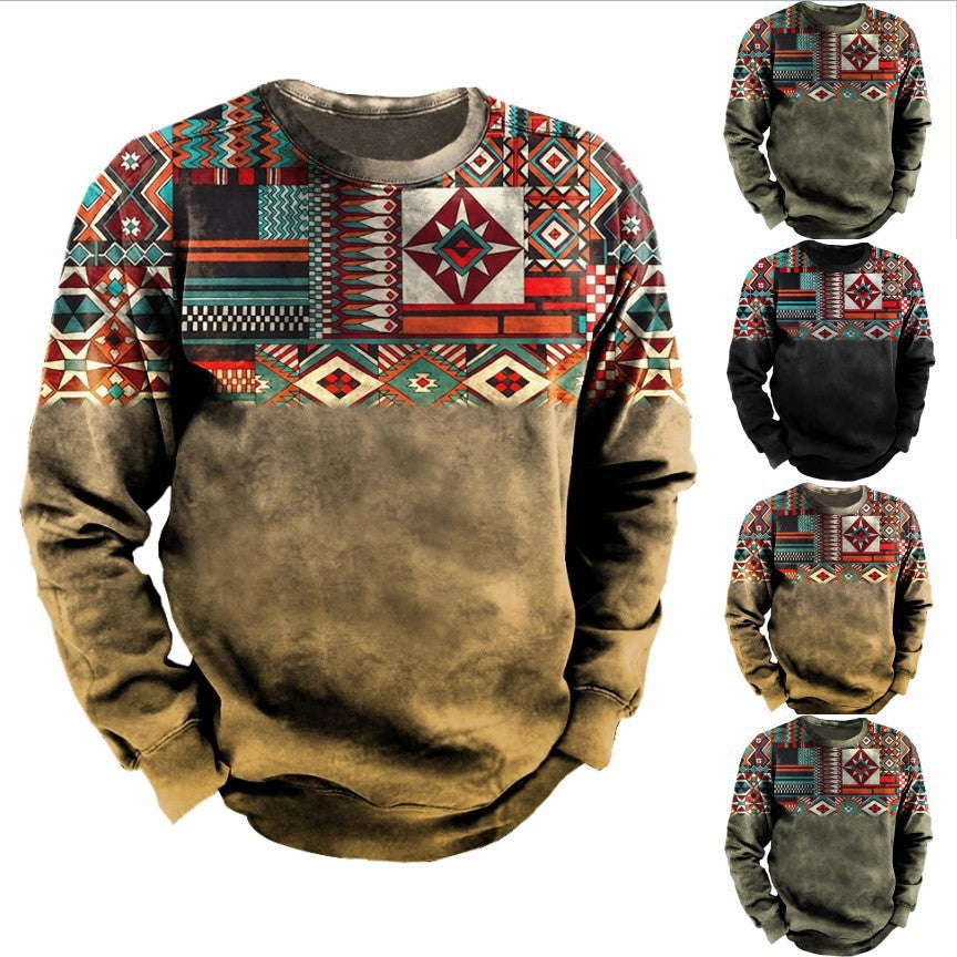 Herren-Sweatshirt mit ethnischem Blockdruck, Vintage-Fade-Effekt und Rundhalsausschnitt Drune