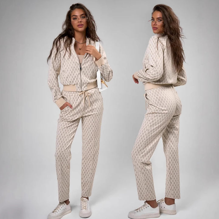 Damen jacquard Lounge-Set mit kurzer Bomberjacke und hochgeschnittener Kordelzug-Hose Drune