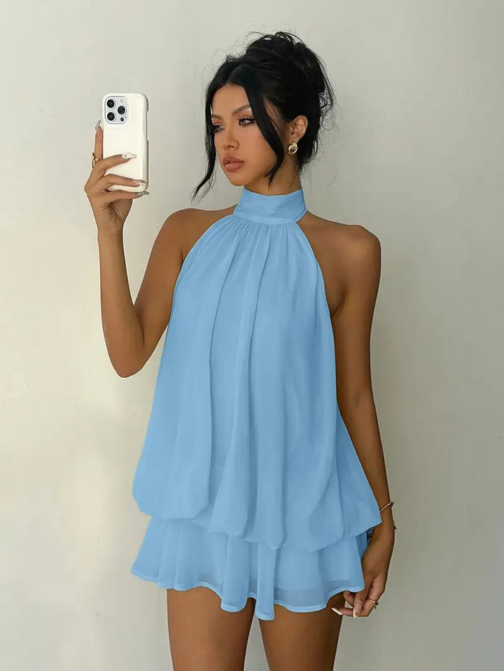 Damen lässiges Trägerkleid mit hochgeschlossenem Design und gerafftem Saum Drune