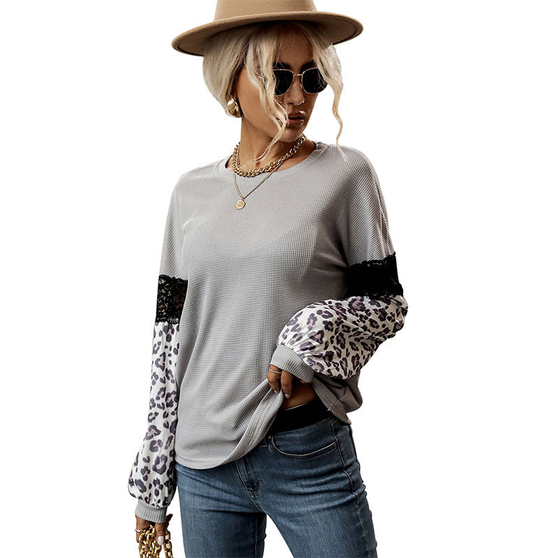 Damen Langarmshirt mit Leopardenärmeln und Spitzenbesatz Drune