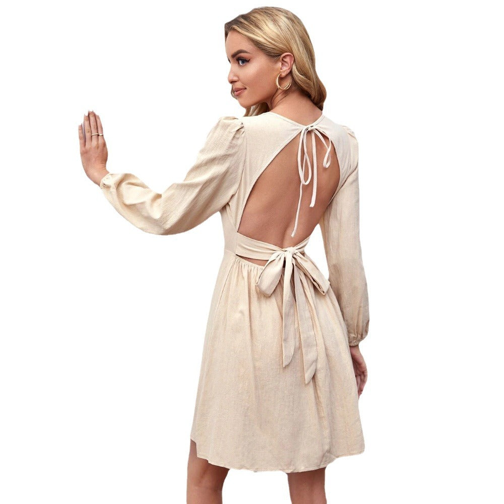 Damen rückenfreies A-Linien Kleid mit Taillenband, Neck-Tie und langen Ballonärmeln Drune