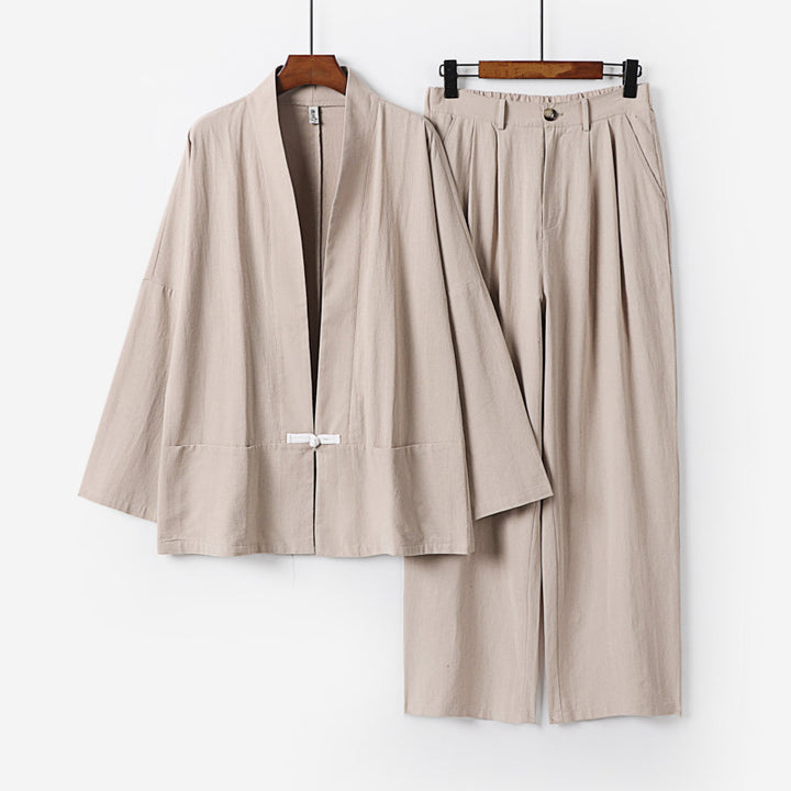 Damen Kimono-Lounge-Set aus leichtem Viskose-Leinen mit dekorativem Knebelverschluss und weiter Bundhose Drune