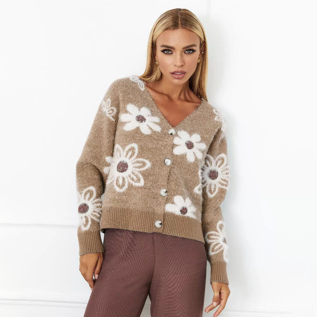 Damen kuschelige Strickjacke mit floralen Applikationen und Knöpfen Drune