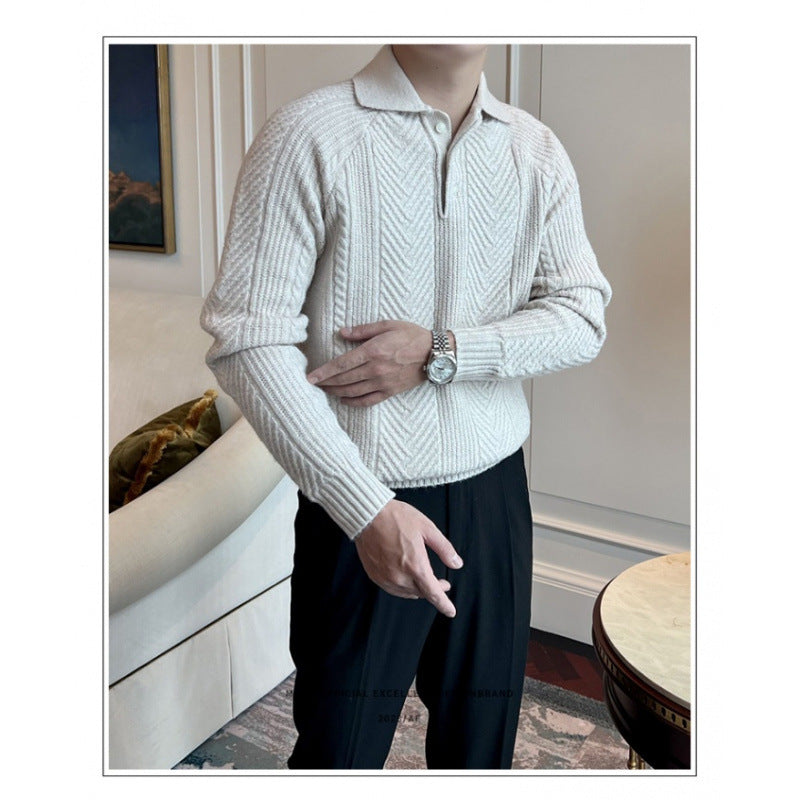 Herren Polokragen-Zopfstrick-Pullover mit halber Knopfleiste Drune