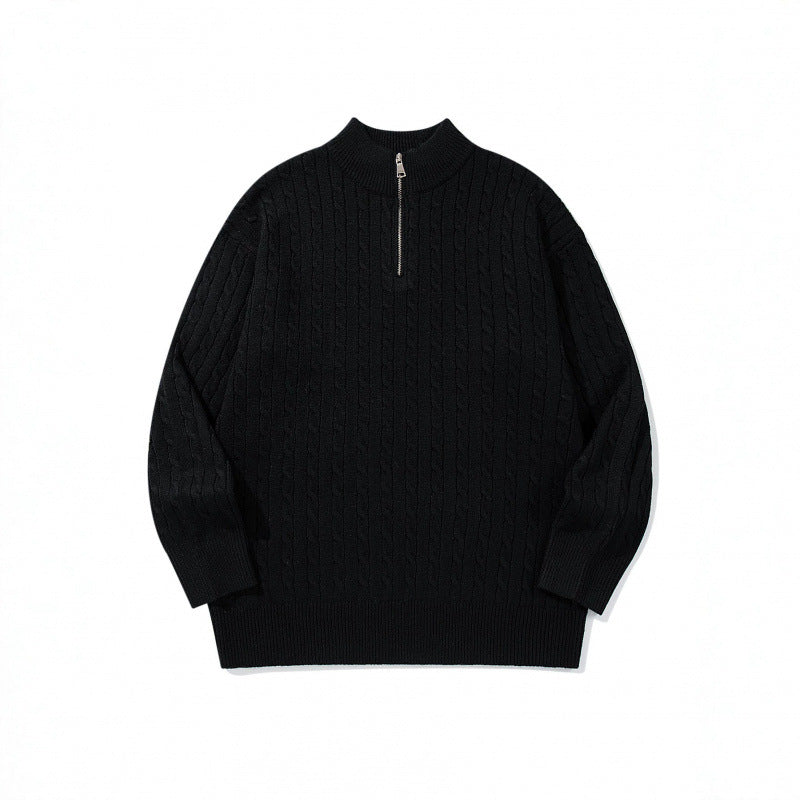 Unisex Oversize Zopfstrick-Halbzippullover mit kurzem Stehkragen und breitem Rippbund Drune