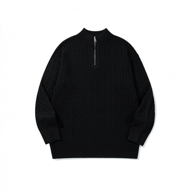 Unisex Oversize Zopfstrick-Halbzippullover mit kurzem Stehkragen und breitem Rippbund Drune