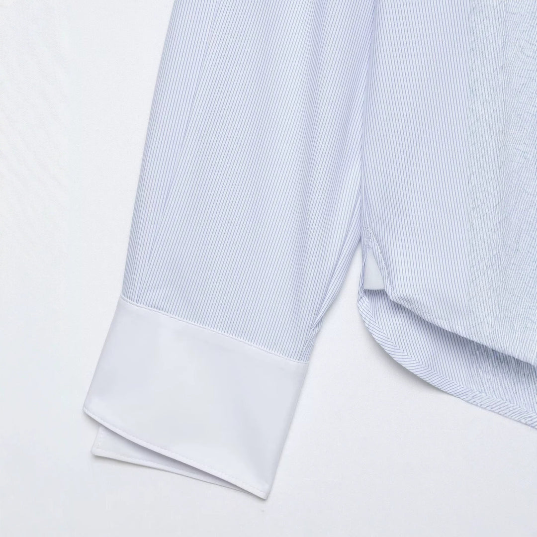 Damen Oversize-Hemdbluse mit Kontrastkragen, Manschetten und Froschknopf-Detail Drune