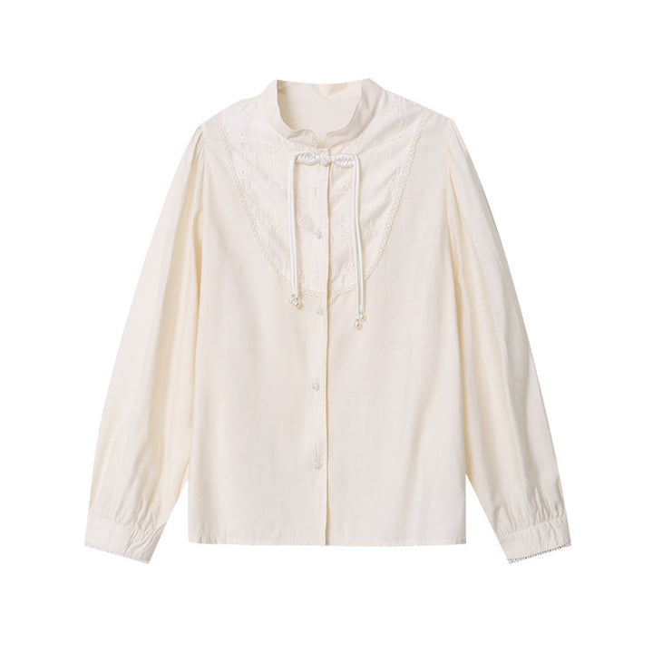 Damen elegante Bluse mit Rüschen und Perlen Drune
