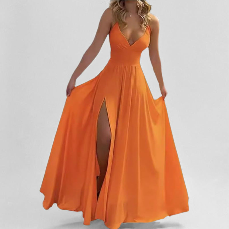 Damen Maxikleid mit tiefem V-Ausschnitt und seitlichem Schlitz Drune
