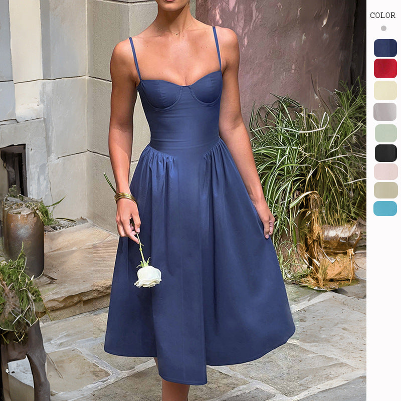 Damen Midikleid mit tailliertem Oberteil und fließendem Rock Drune