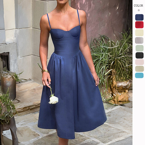 Damen Midikleid mit tailliertem Oberteil und fließendem Rock Drune