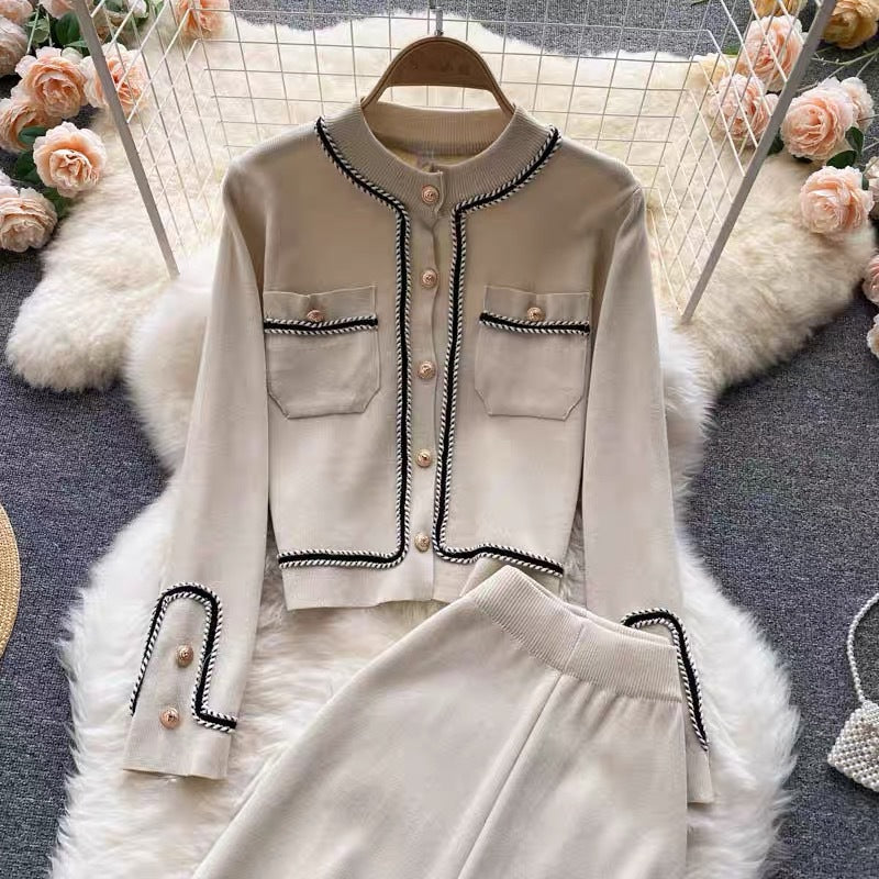 Damen elegantes Strick-Loungewear-Set mit feinen Knopfdetails und weitem Bein Drune