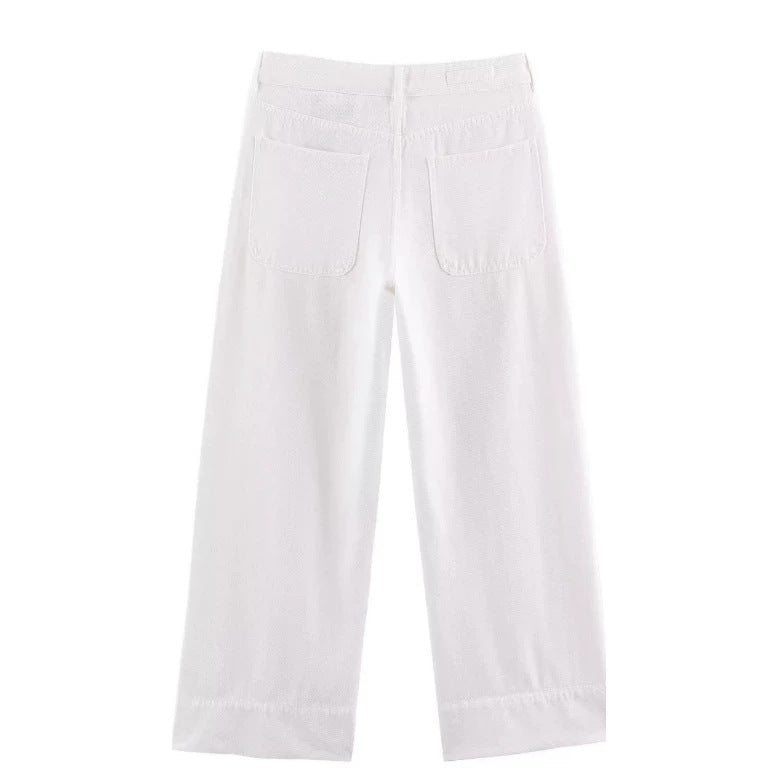 Damen Hochtaillierte weite Leinenhose mit Bügelfalte und aufgesetzten Taschen Drune