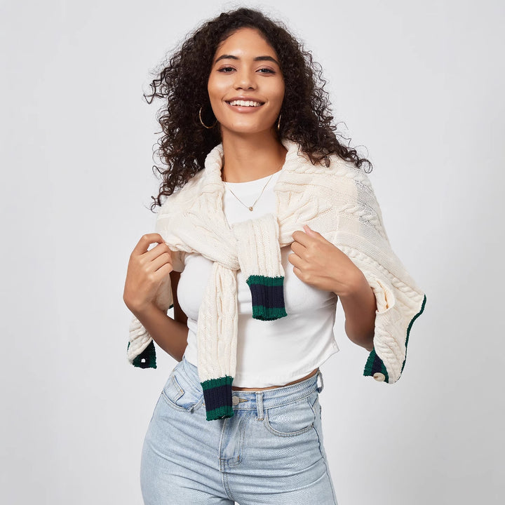 Damen Grobstrickcardigan mit dekorativer Knopfleiste und farblich abgestimmtem Saum Drune