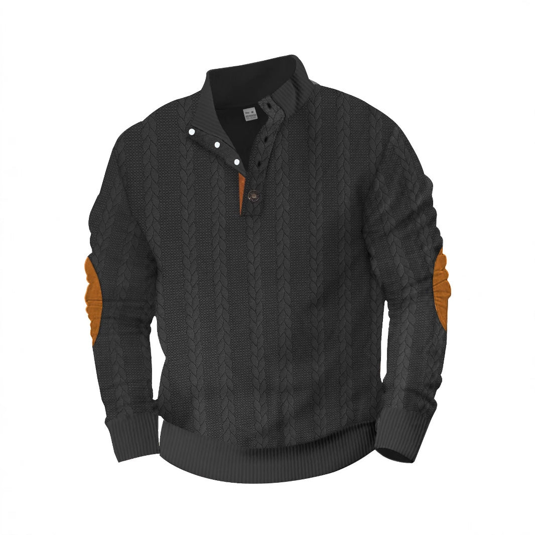 Herren nan lässiger Zopfstrickpullover mit verstärkter Knopfleiste und Wildleder-Ellenbogenpatches Drune