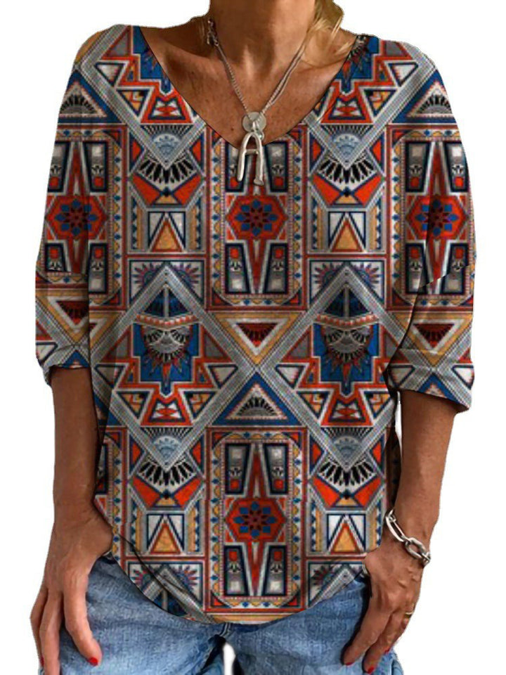 Damen Geometrische Boho-Tunika mit V-Ausschnitt und dreiviertelärmeln Drune