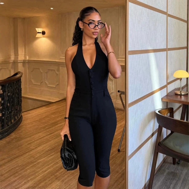 Damen figurbetonter Jumpsuit mit elegantem Halterneck und Knopfleiste Drune