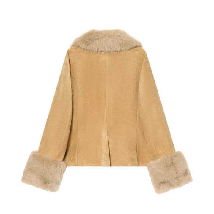 Damen Kurzjacke aus Veloursimitat mit voluminösem Schalkragen und Fellbündchen Drune