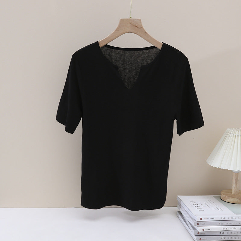 Damen Leichtes Kurzarm-Feinstrickshirt mit V-Notch-Ausschnitt und lockerem Fall Drune