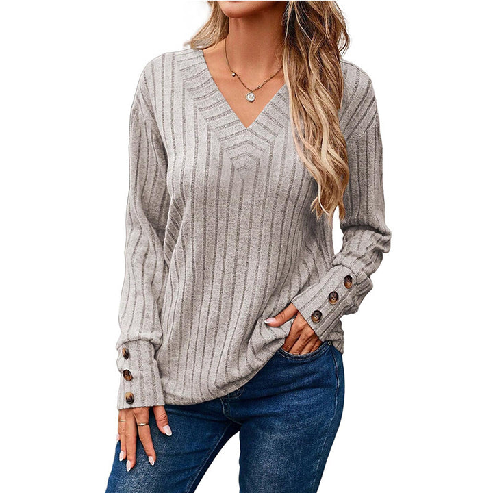 Damen lässiger V-Ausschnitt Pullover mit strukturiertem Rippdesign und eleganten Knopfdetails Drune