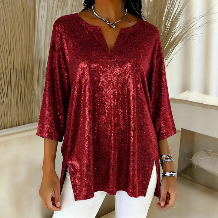 Damen Glitzerndes Oversize-Longshirt mit V-Ausschnitt und seitlichen Schlitzen Drune