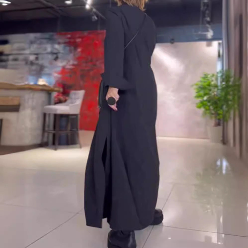 Damen Lange Maxi Kleid mit Stehkragen, Seitentaschen und Lockerem Fall Drune