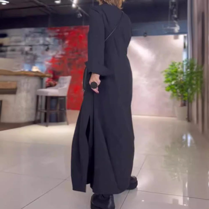 Damen Lange Maxi Kleid mit Stehkragen, Seitentaschen und Lockerem Fall Drune