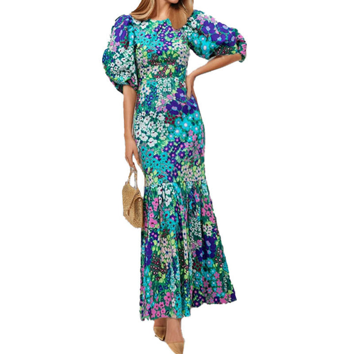 Damen Maxikleid mit voluminösen Puffärmeln und floralen Mustern Drune