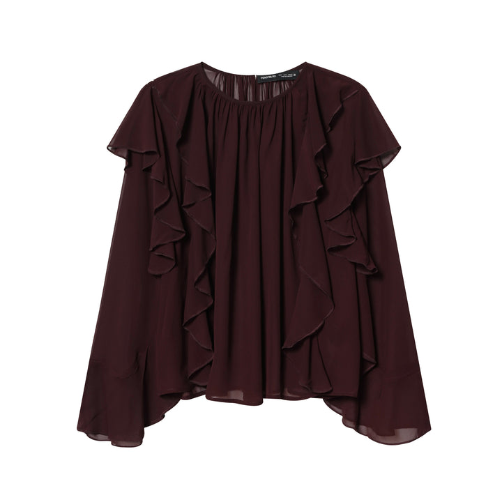 Damen nan voluminöse Chiffonbluse mit mehrlagigen Volants, gerafftem Ausschnitt und lockerem Fall Drune