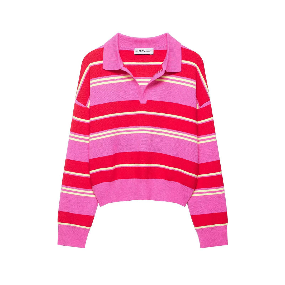 Damen Gestreifter Rugby-Polo-Pullover mit V-Notch und Cropped-Saum Drune