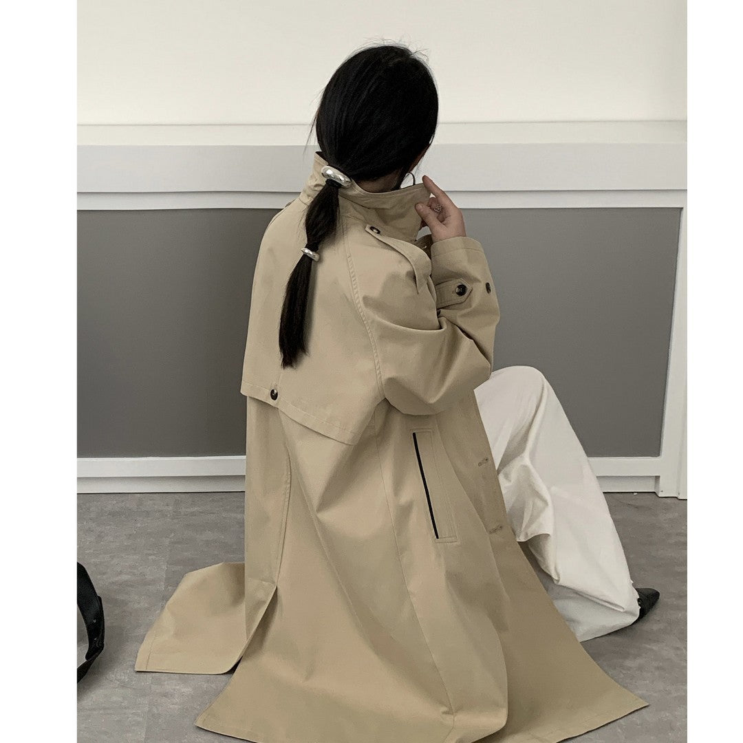 Damen Langer Wasserabweisender Trenchcoat mit Rückencape und Stehkragen Drune