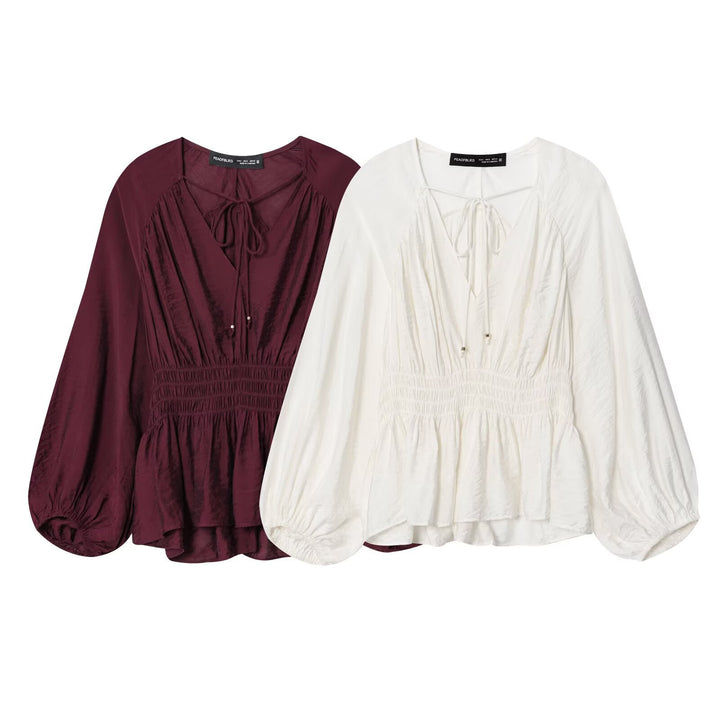 Damen Boho-Bluse mit Smock-Taillenbund, V-Ausschnitt und Ballonärmeln Drune