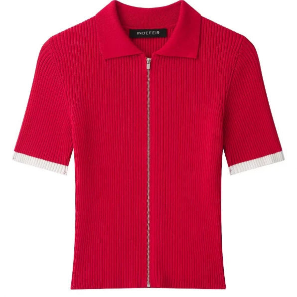 Damen Feinstrick-Poloshirt-Cardigan mit kurzem Arm und durchgehendem Reißverschluss Drune