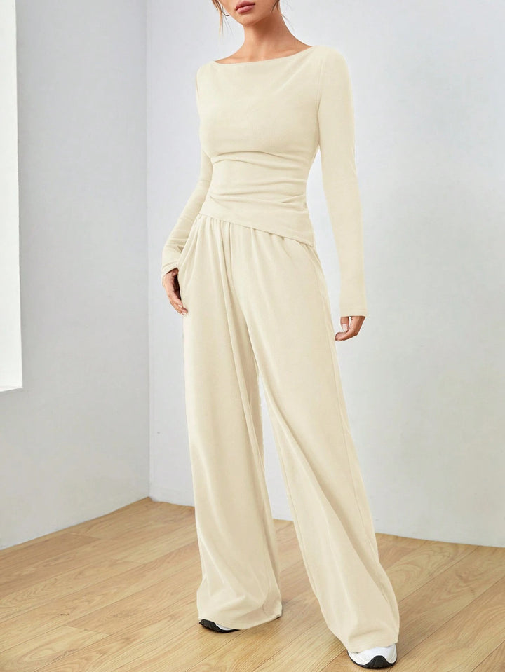Damen Lässiges Two‑Piece Lounge‑Set mit U‑Boot‑Ausschnitt, taillierter Drapierung und weitem Palazzohose Drune