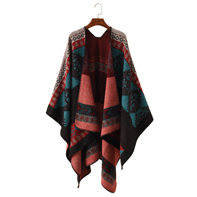 Damen Oversize Poncho aus Jacquard-Strick mit geometrischem Ethno‑Muster Drune