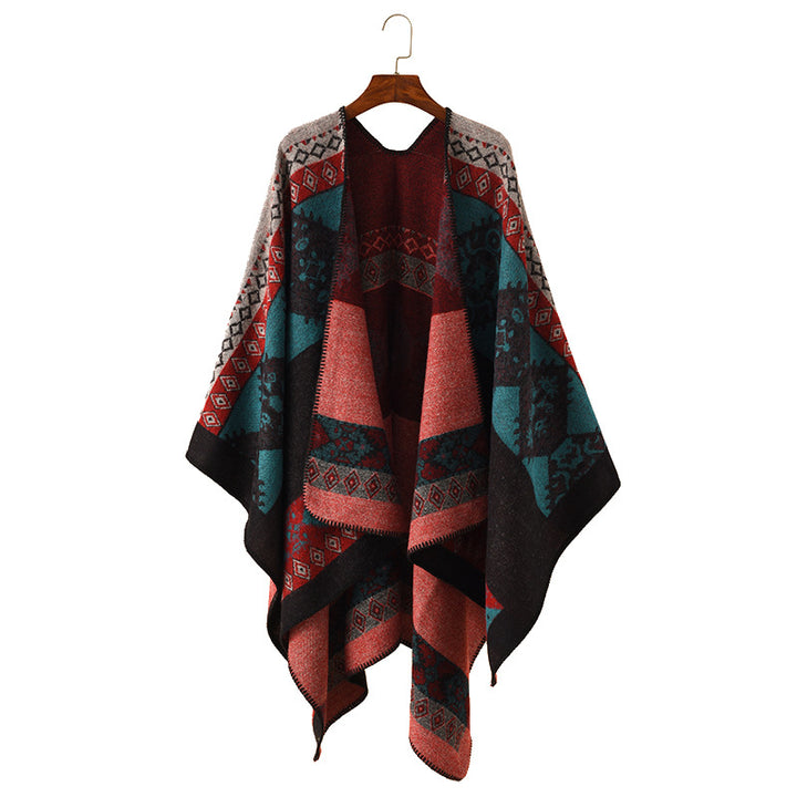 Damen Oversize Poncho aus Jacquard-Strick mit geometrischem Ethno‑Muster Drune