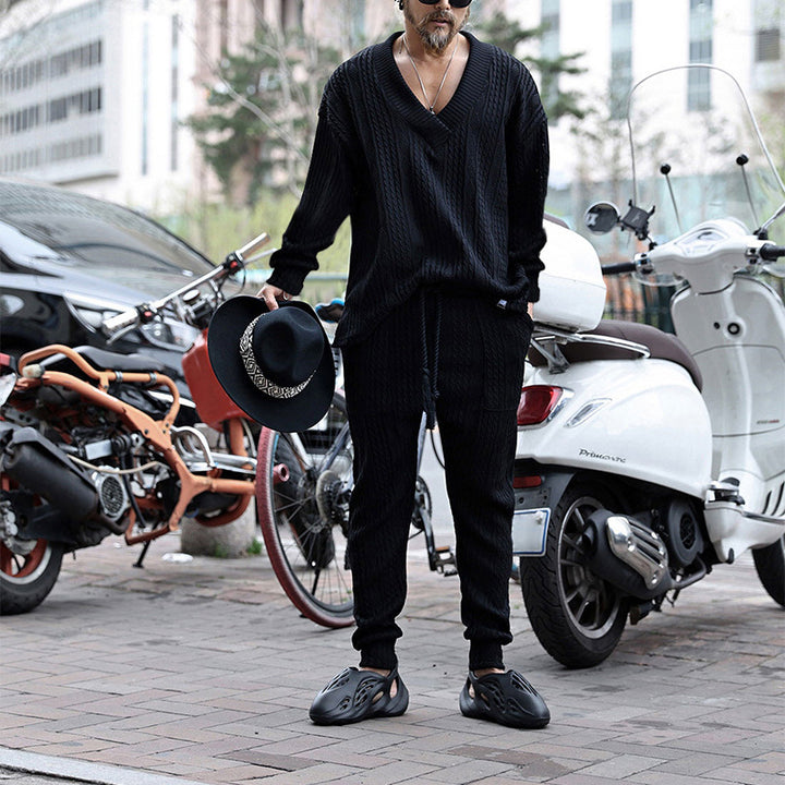 Herren Strukturiertes Strick-Loungewear-Set mit V-Ausschnitt und Tunnelzug-Jogginghose Drune