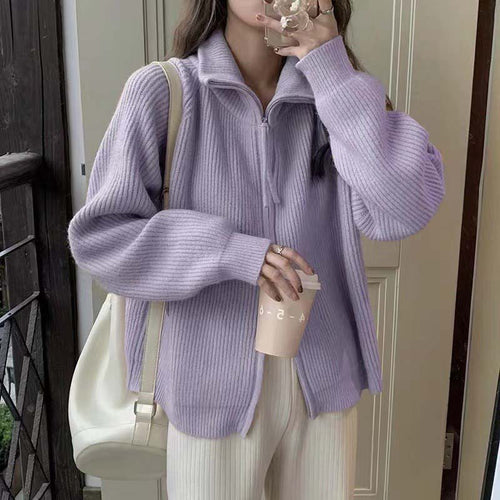 Damen lässiger Strickpullover mit halbhohem Kragen und Reißverschluss Drune