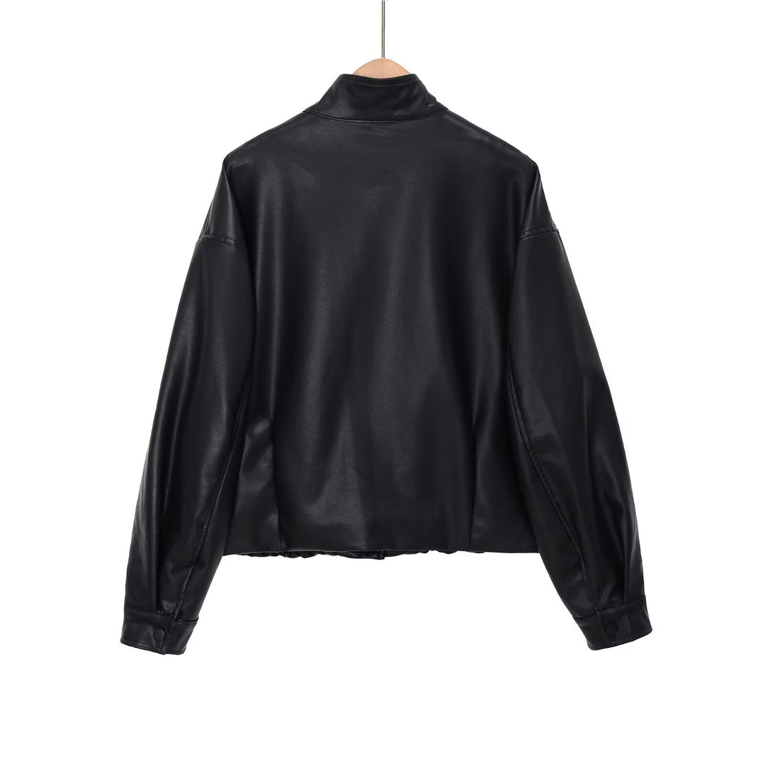 Damen nan kurze PU-Leder Bomberjacke mit Stehkragen, Druckknopfleiste und elastischem Saum Drune