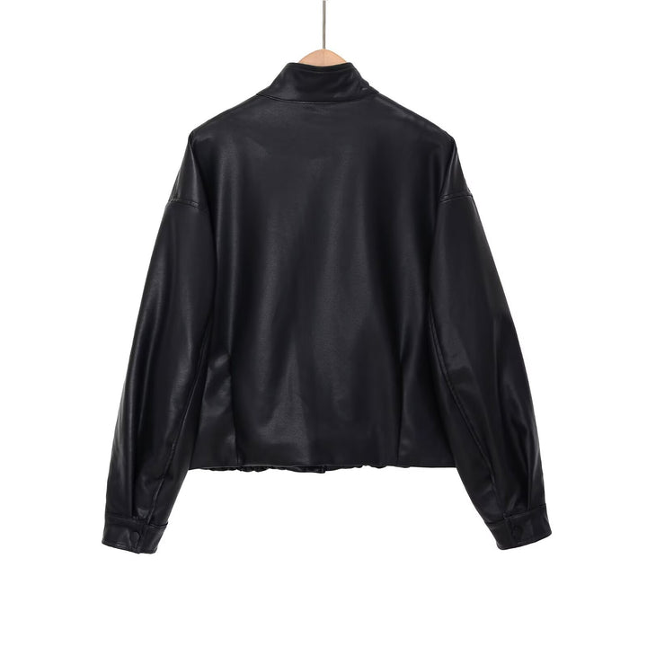 Damen nan kurze PU-Leder Bomberjacke mit Stehkragen, Druckknopfleiste und elastischem Saum Drune