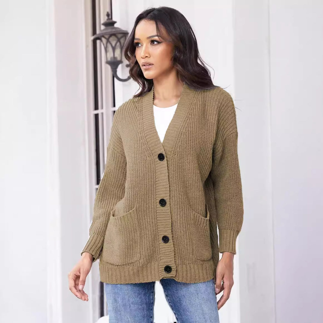 Damen modische Strickjacke mit durchgehendem Knopfverschluss und großen Taschen Drune