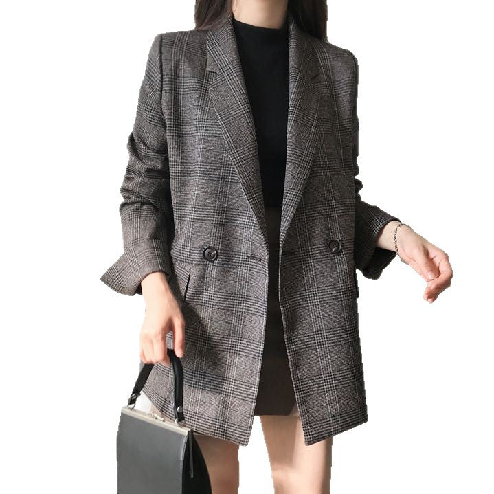 Damen Eleganter karierter Blazer mit doppelter Knopfleiste Drune