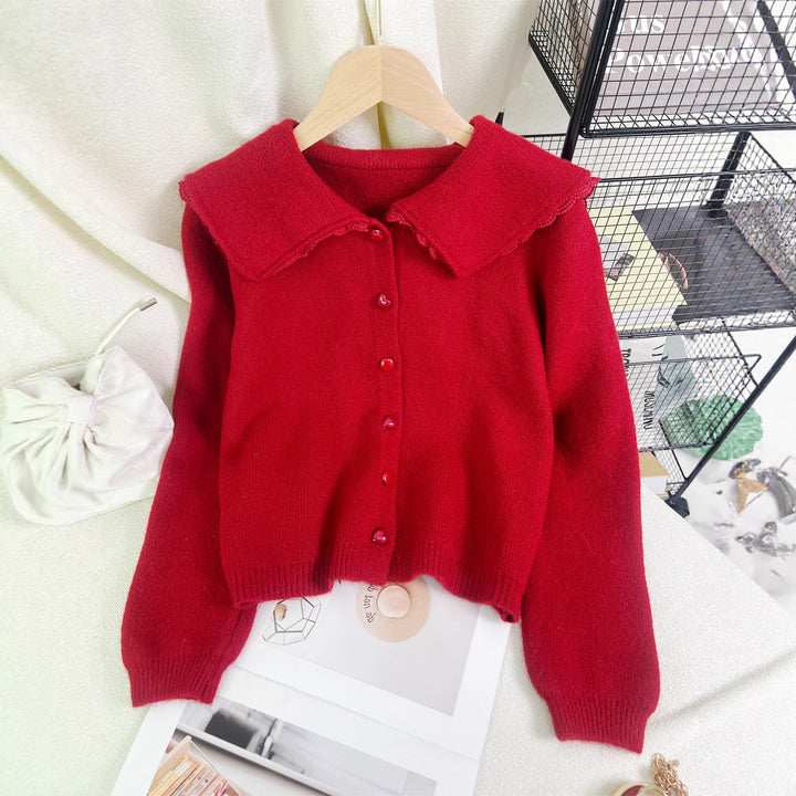 Damen niedliche Strickjacke mit großem Kragen und dekorativen Knopfdetails Drune
